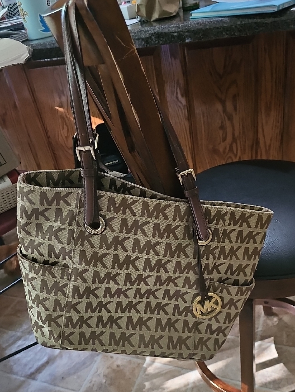 Michael Kors Brown MK Logo Tote with Gold Charm